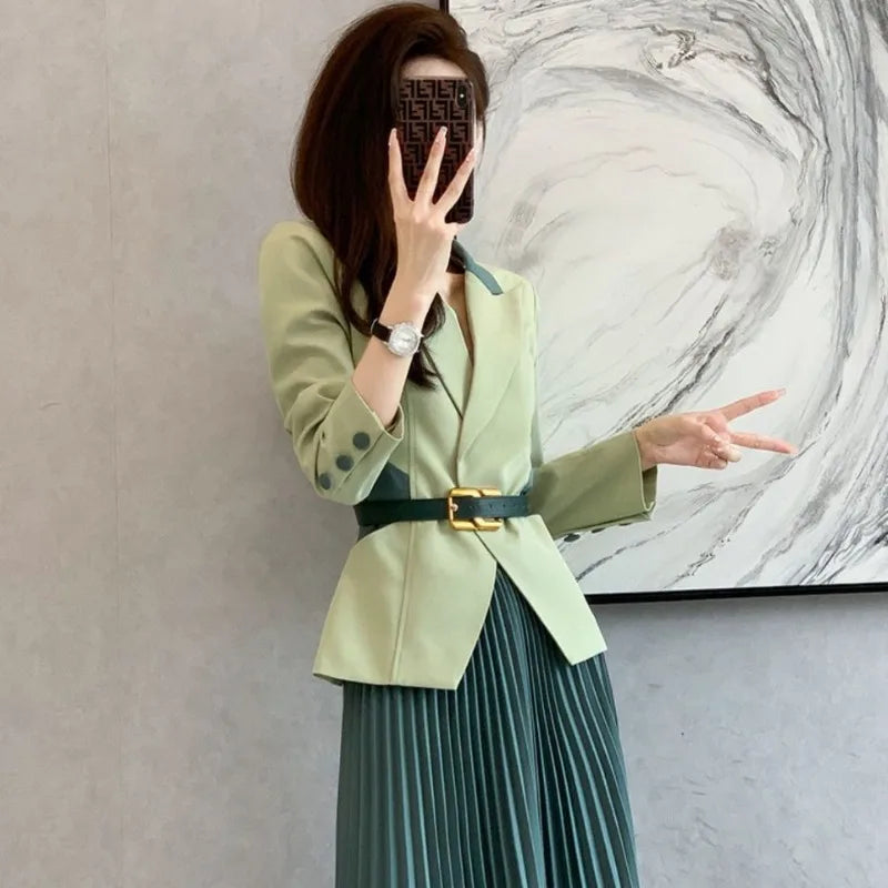 Pleated Skirt 2 Pieces Sets for Women Office Woman Outfit Midi Suits Jacket Y2k Streetwear Summer Clothes 2024 Stylish Korea