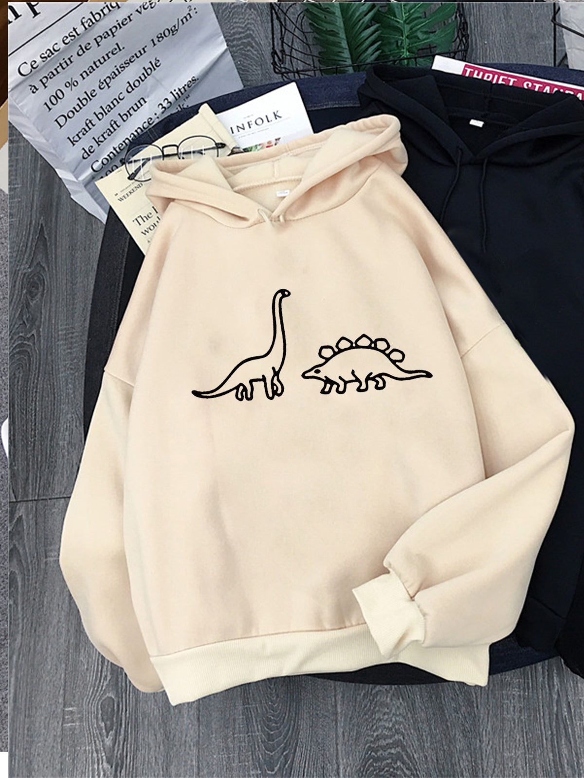 Hirsionsan Kawaii Dinosaurs Print Hoodies Women Soft Warm Loose Casual Sportwear Female Sweatshirt Fleece Ladies Clothes 2023