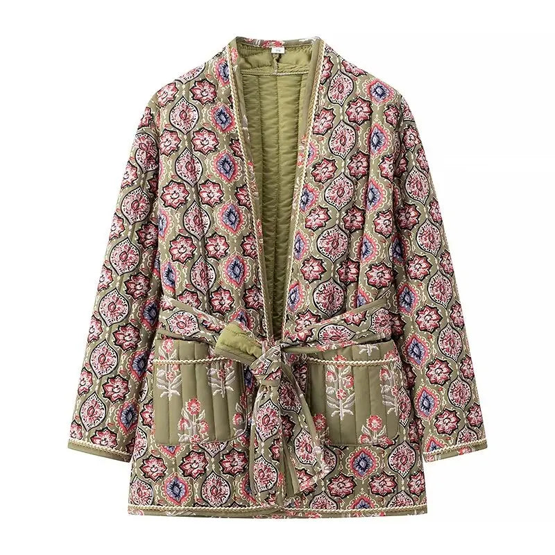 Plus Size Women's Clothing Tribal Ethnic Print Thick Coat Fashionable Autumn And Winter Jacket With Belt And Padded Lining