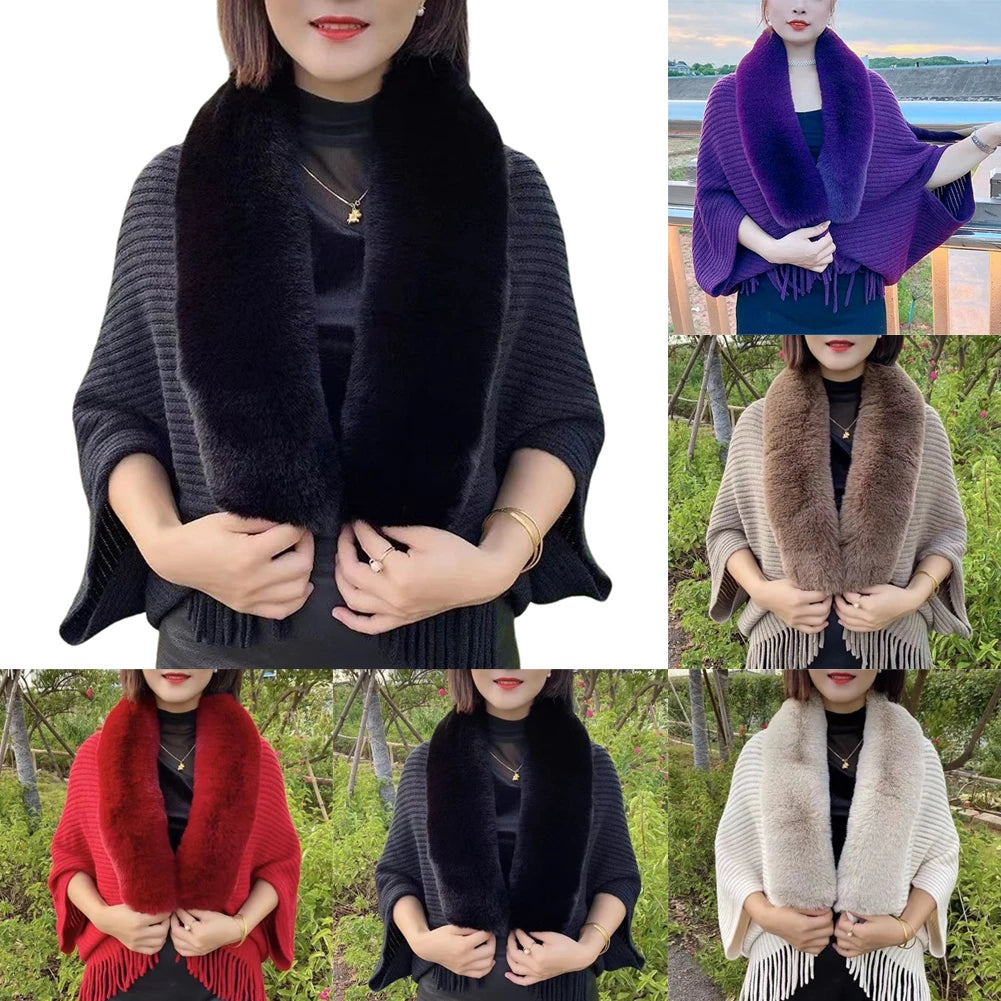 Ladies Knitted Loose Thickened Shawl Autumn Imitation Rabbit Fur Collar Sweater Winter Cardigan Knitted Wool Shawl Sweater Tops