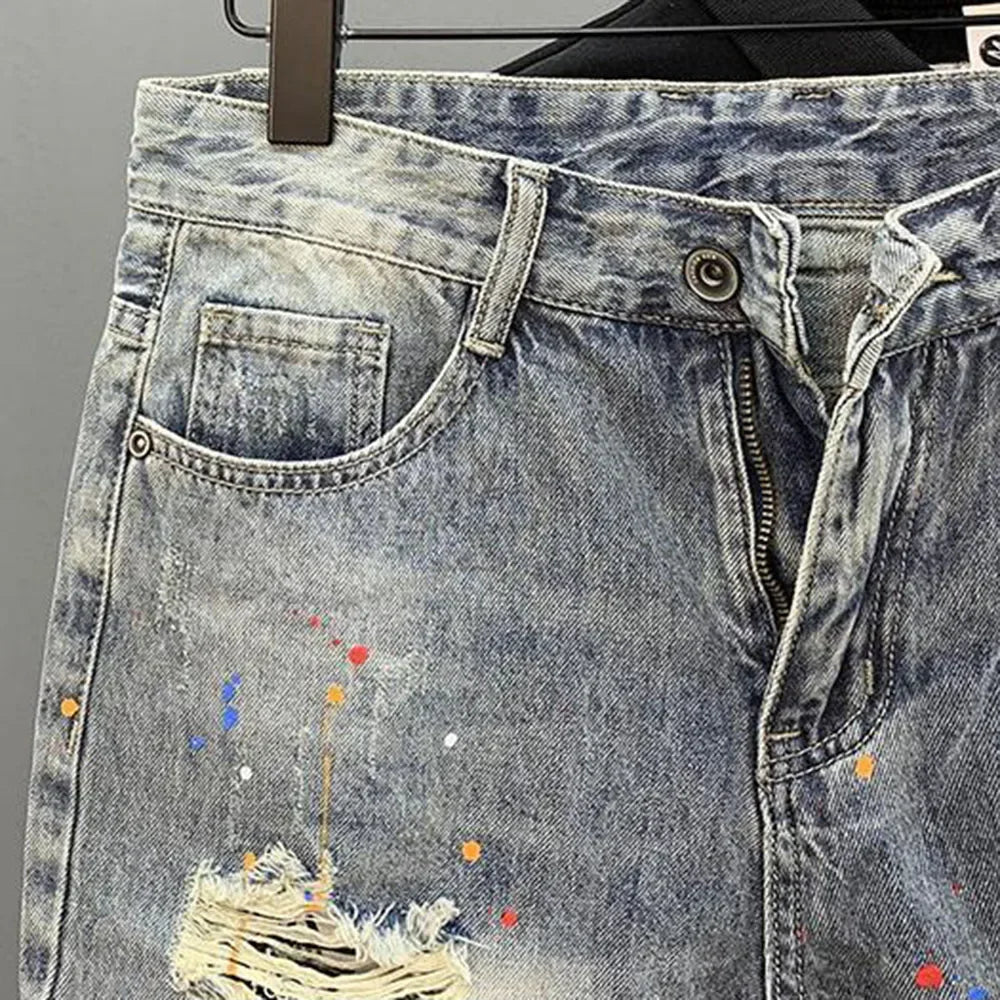 Mens Casual Y2k Cute Bear Print Ripped Denim Shorts Daily Versatile Youth Trend Personality Shorts Men's Clothing 2024 New