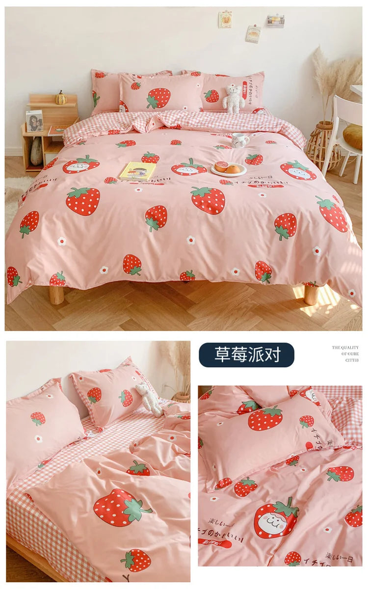 Cute Sanrio Hello Kitty Bedding Set Cotton Four Piece Bedding Double Pillowcase Bed Linens Girl Dorm Bedclothes Home Textile