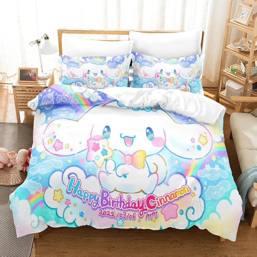 Cartoon Sanrio Duvet Cover Set Kawaii Cinnamoroll Quilt Cover Pillowcase Set Kids Girls Comfortable Bed Set Full Twin King Size