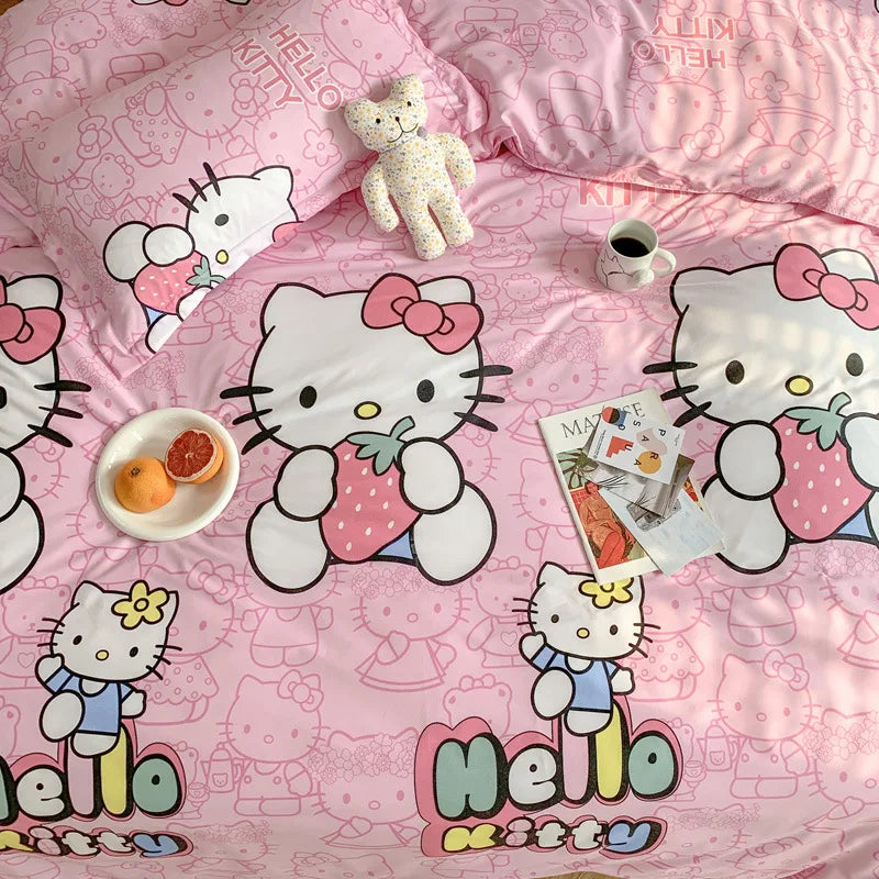 Cute Sanrio Hello Kitty Bedding Set Cotton Four Piece Bedding Double Pillowcase Bed Linens Girl Dorm Bedclothes Home Textile