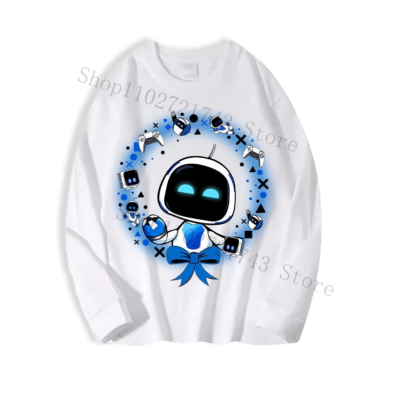 Astro Bot Adult Long Sleeved T-shirt Anime Fashion Black White Top Men Women Winter Travel Hip Hop Clothing Versatile Undershirt