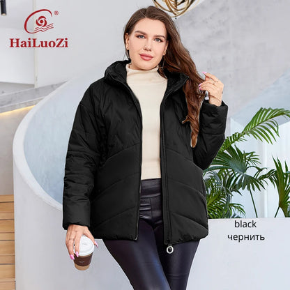 HaiLuoZi 2023 New Plus Size Women Clothing Short Hooded Quilting Female Outwear Classic Design Lightweight Women's Jacket 5529