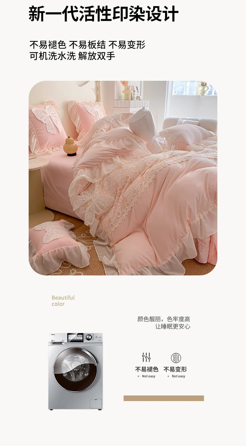 Korean Princess Bedding Set Coquette Lace Bow  Beauty Solid Color Lace Ruffle Comforter Sets Luxury Girls Wedding  Duvet Cover