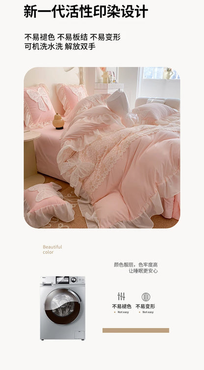 Korean Princess Bedding Set Coquette Lace Bow  Beauty Solid Color Lace Ruffle Comforter Sets Luxury Girls Wedding  Duvet Cover