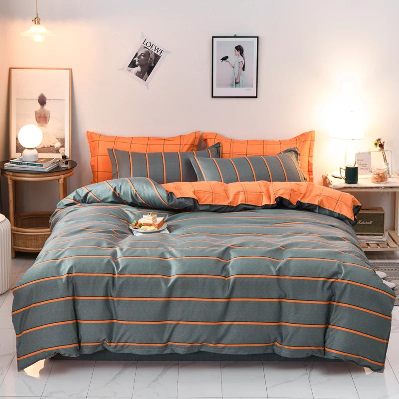 Striped Grey Duvet Cover Twin Queen Size Reversible Neutral Orange Plaid Quilt Cover Geometric Bedding Set Microfiber 3 Pcs Set