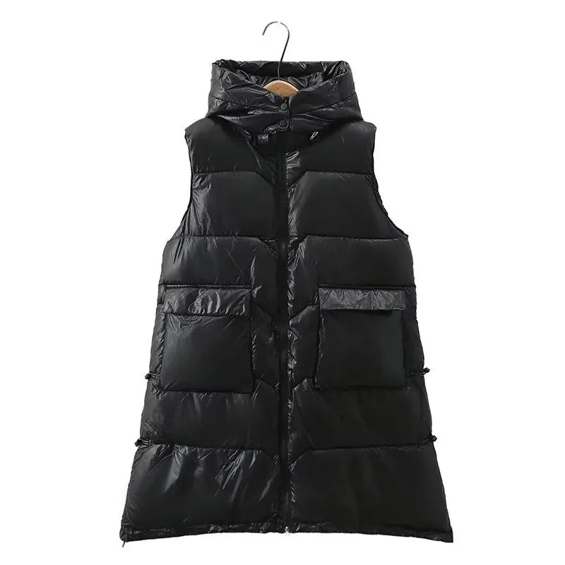 Plus Size Women's Clothing Winter Vest Thickened Interlayer With Cotton In The Middle.Premium Thermal Jacket Mid-Length Hooded