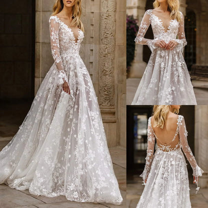 2024 Elegant High Waist Wedding Dress Women Clothing Pure White Long Sleeves Women's Solid Color Print Ball Gown Dresses 2024