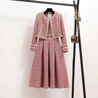 Women Elegant Tweed Luxury Suit Pearl Jacke Coat And Dress Two Piece Set Matching Outfit Winter Jacquard Pink Party Clothing