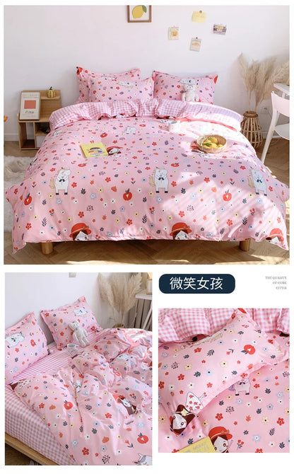 Cute Sanrio Hello Kitty Bedding Set Cotton Four Piece Bedding Double Pillowcase Bed Linens Girl Dorm Bedclothes Home Textile