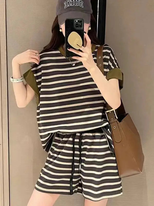 Women Striped Clothing Sets Short Sleeve T-shirt+Drawstring Shorts Two Pieces Suits Summer Loose Tracksuit Ladies Casual Outfits