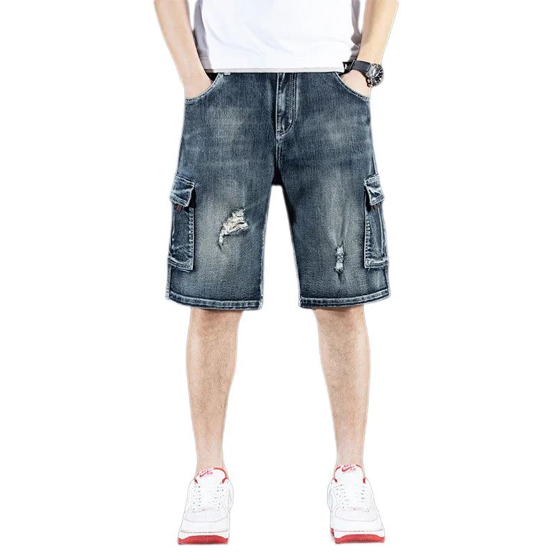 Summer New Jeans Men's Trendy Brand Piercing 5 Shorts Men's Loose Multi Pocket Work Pants Men's Outdoor Clothing