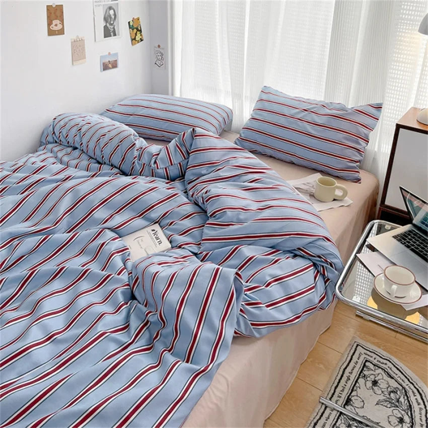 Pure Cotton Home Textile Blue Striped Bedding Set Simple Soft Duvet Cover Sheet Pillowcase Ins Style Bed Linens Queen King Size