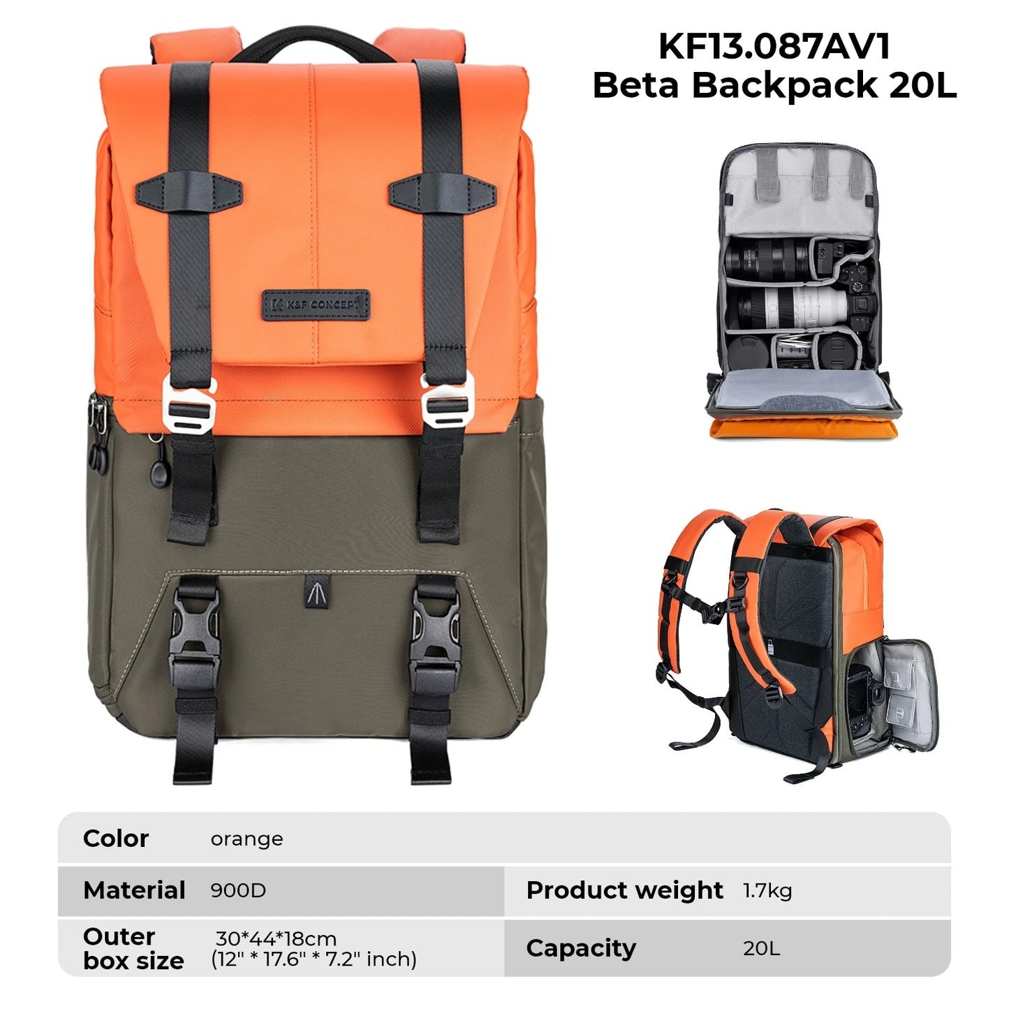 K&F Concept Camera Backpack Travel Photography Bags Large Capacity Camera Case with Tripod Side Rain Cover for 15.6 Inch Laptop