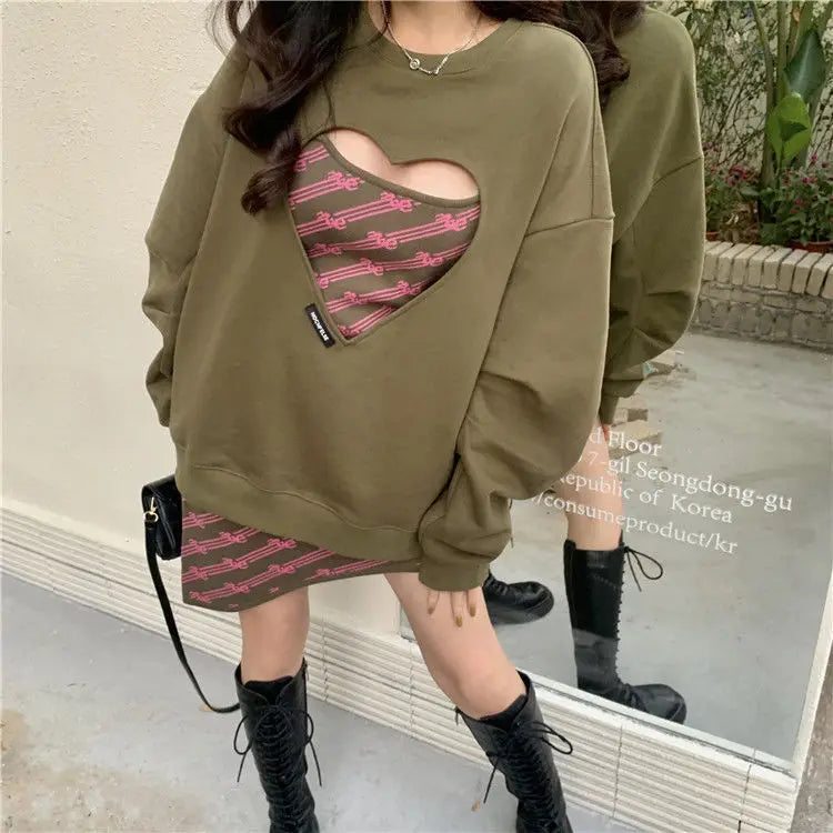 Women Clothing 2022 Spring Autumn Women Fashionable Heart Hollow Out Long Sleeve Hoodie Dress Casual Sweet Women Two Piece Set