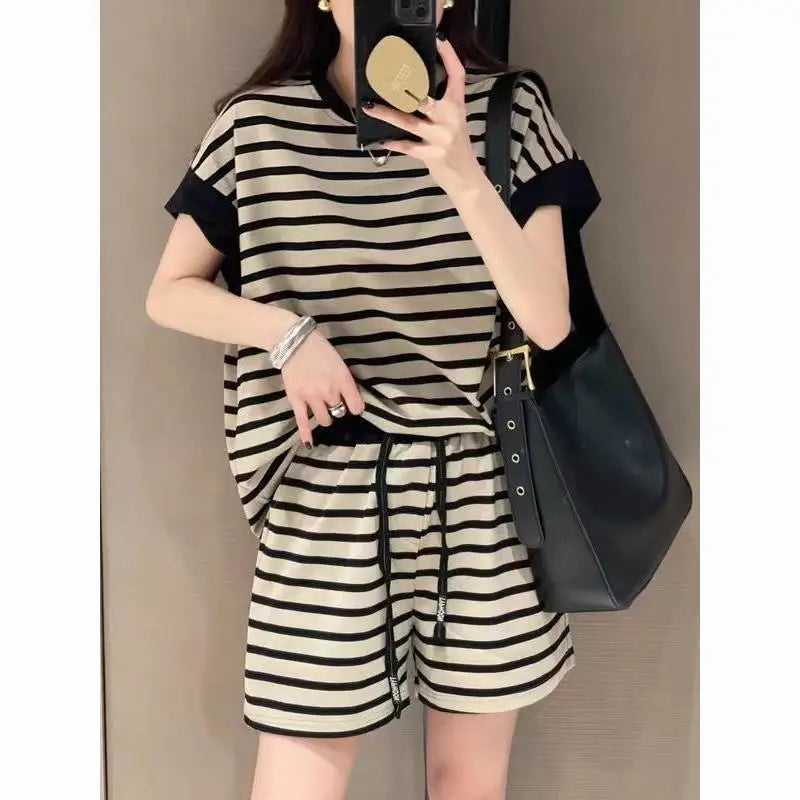 Women Striped Clothing Sets Short Sleeve T-shirt+Drawstring Shorts Two Pieces Suits Summer Loose Tracksuit Ladies Casual Outfits