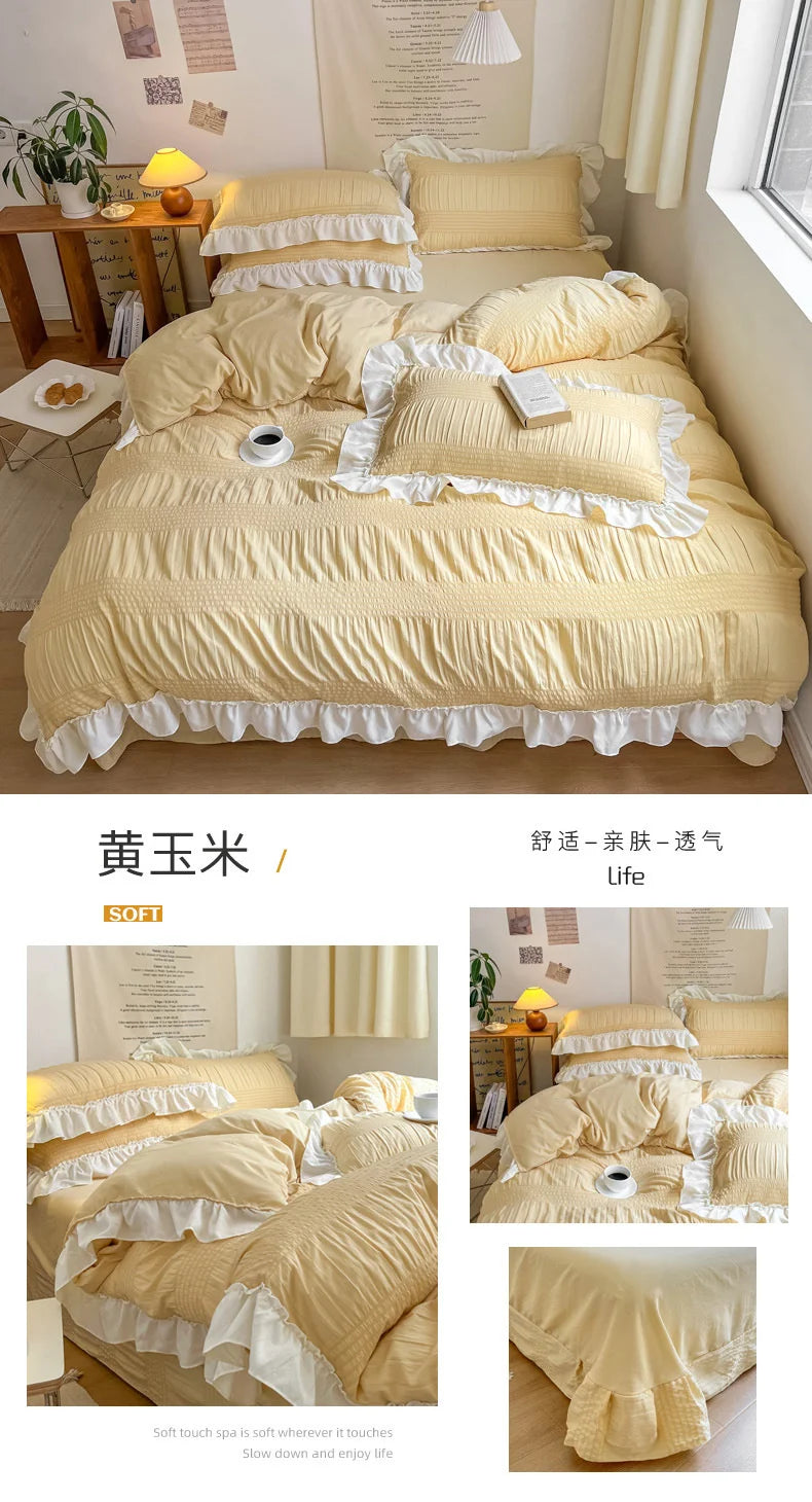 Ins Style Korean Bedding Set Lace Seersucker 4-piece Bed Sheet Set Quilt Cover Solid Duvet Cover For Girl Spring Decor Home