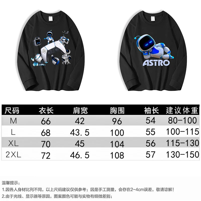 Astro Bot Adult Long Sleeved T-shirt Anime Fashion Black White Top Men Women Winter Travel Hip Hop Clothing Versatile Undershirt