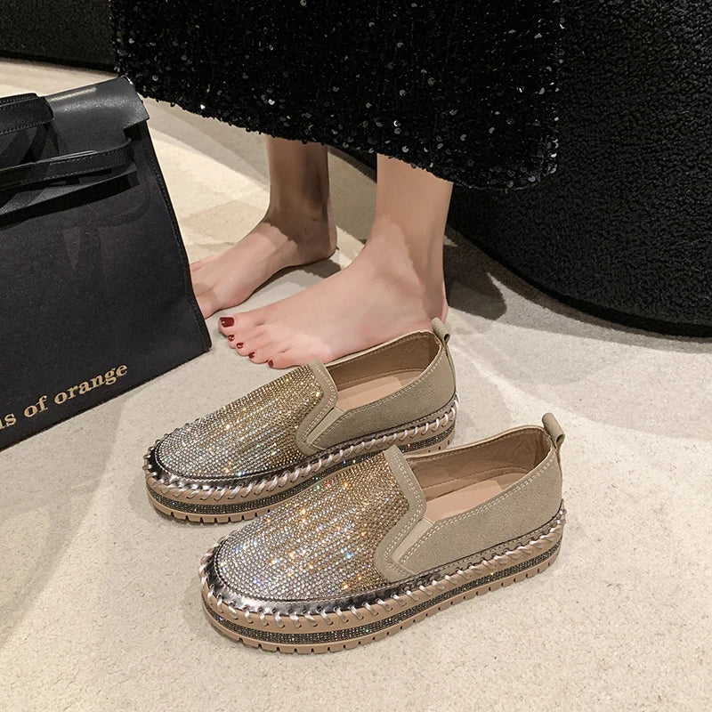 2025 New High Quality Women's Water Diamond Casual Shoes Shiny Flat Vulcanized Shoes Luxury Designer Thick Bottom Casual Shoes