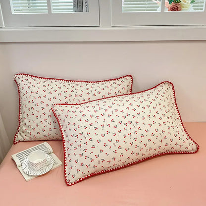 Bedding Set INS Girls Cherry  Soft Washed Cotton Bed Sheet Queen King Size Duvet Set  Comforter Set Pillowcase Bed Linens