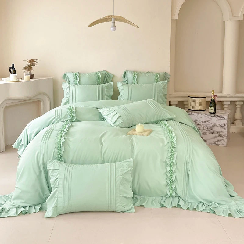 Korean Princess Style Lace Ruffles Bedding Set Solid Color Duvet Cover Set Flat/Fitted Bed Sheet Pillowcases With Pillowcases