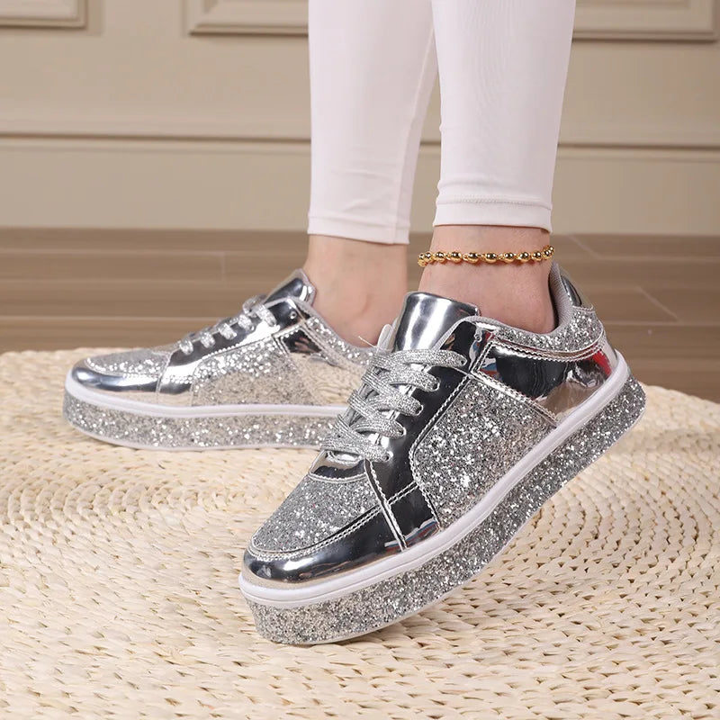 Women's Platform Sneakers Punk Sequin Laser Leather Casual Shoes City Walk Thick Sole Sports Shoes Spangle Nightclub Party Shoes